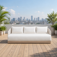 Modernes Outdoor-Seilgewebtes Aluminium- und Holz-3-Sitzer-Sofa, Tiefe Sitzgarnitur mit Weißen Kissen für Garten, Dachterrasse und Balkon