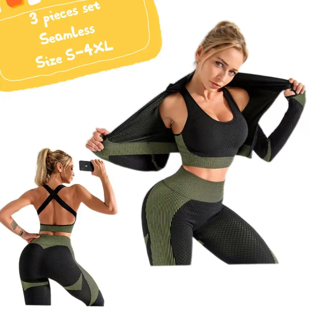 S-4XL artı boyutu dikişsiz yoga 3 parça set kadınlar uzun kollu zip up crop ceket sutyen legging spor salonu spor aktif atletik giyim