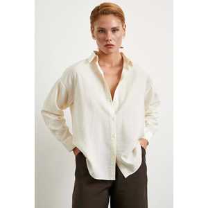 Chemise en modal à double rayure écru, chemisier minimaliste en popeline boutonné pour femme, à porter au quotidien - Product Image 4