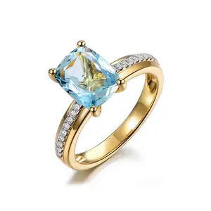 旧货925银饰品18k镀金戒指，带坐垫海蓝宝石蓝石女性订婚