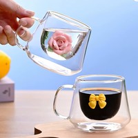 Taza de Café de Vidrio de Borosilicato de 200 ml con Decoración 3D de Rosa o Lazo para Té, Leche o Regalos