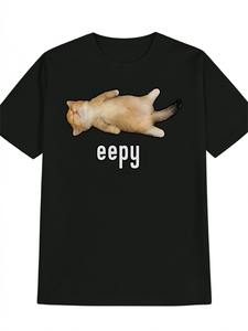 Camiseta Unisex 'Eepy' con Gráfico de Gato Naranja Dormilón, Estampado Divertido de <span class=keywords><strong>Meme</strong></span>, Negra, Informal, de Manga Corta, para Amantes de los Gatos - Product Image 1