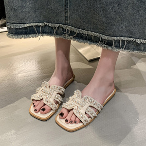 Sandales d'été pour femmes à bout carré avec pompon, respirantes, confortables, style français, pour les loisirs, en tissu - Product Image 4