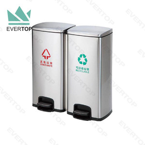 PD-D04B 60L Stainless Steel Pedal Trash <strong>Bin</strong> <strong>Two</strong> <strong>Compartment</strong> Large Recycling Dual Rubbish <strong>Bin</strong> <strong>with</strong> 2 x 30L Foot Pedal Structure - Product Image 1