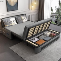 Canapé-lit avec base escamotable et poche de rangement pour salon, tête de lit incurvée en cuir gris, canapé convertible avec passepoil noir