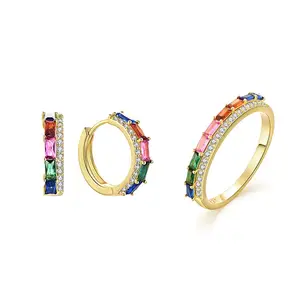 QX individuelles OEM Hochzeit 925 Sterling-Silber 18K vergoldet Luxus-Ring-Ohrringe mehrfarbig Zirkone feiner Schmuck-Satz für Damen