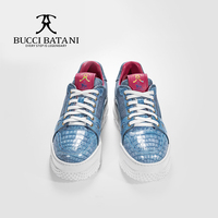BUCCI BATANI Chaussures décontractées pour hommes en cuir bleu clair et tissu Scabal, à lacets, bout renforcé, semelle extérieure en caoutchouc XL SC070-E003