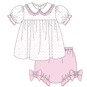 Monogramma vendita calda abbigliamento personalizzato per bambini estate cotone rosa stampe a punti con fiocco decorazione Baby Bubble pagliaccetto - Product Image 3