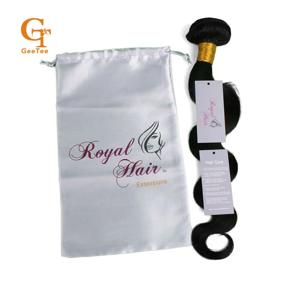 Impresión de logotipo personalizado extensiones de cabello paquetes bolsas de satén y papel colgar etiqueta embalaje, bolsas de seda personalizadas y etiquetas oscilantes