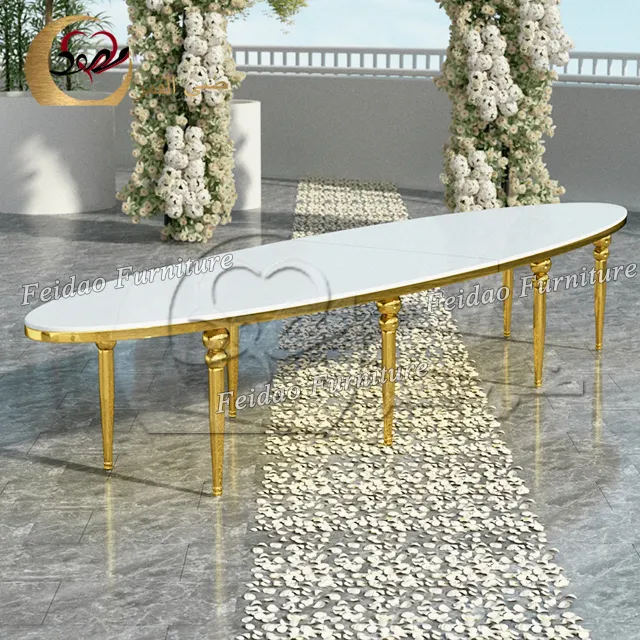 백색 mdf 높은 광택 타원형 모양 황금 연회 테이블과 의자 식사