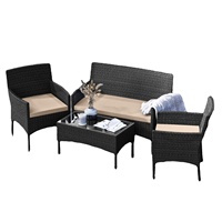 Ensemble de canapés en rotin d'extérieur moderne avec table basse en verre trempé, mobilier confortable 4 pièces pour patio, jardin, balcon, hôtel, parc