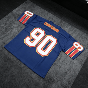 เสื้อฟุตบอลแขนสั้นสีน้ำเงินสำหรับผู้ชายแบบสั่งทำพิเศษ หมายเลข 90 พิมพ์ลายสกรีน ขอบตัดสีสไตล์สปอร์ต คอกลม ทรงปกติ - Product Image 6