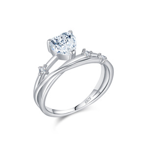 Bague double en argent S925 avec moissanite taille cœur, plaquée argent, empilable, pour femme, bijou de fiançailles délicat - Product Image 1
