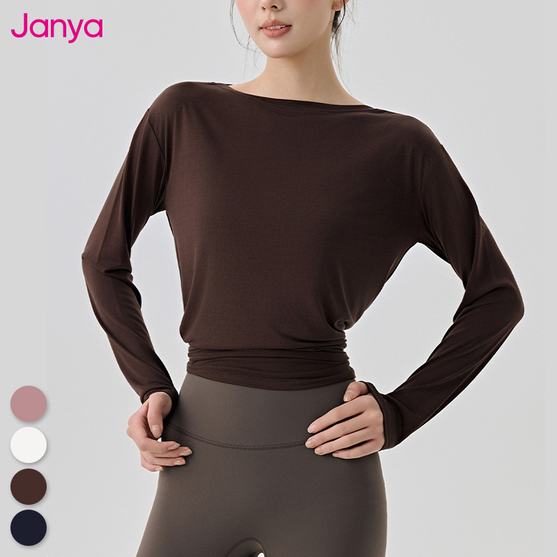 Janya Fashion Casual Oversized Long Sleeve Side Slit Yoga T Shirt for Women Breathable Quick Dry Gym Sports Athletic Tops