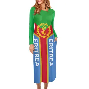 Eritrea Vlag Design Vrouwen Jurk Herfst Casual O Hals Lange Mouw Zonnejurk Elegante Maxi Jurken Print On Demand Draagbare Midi Party
