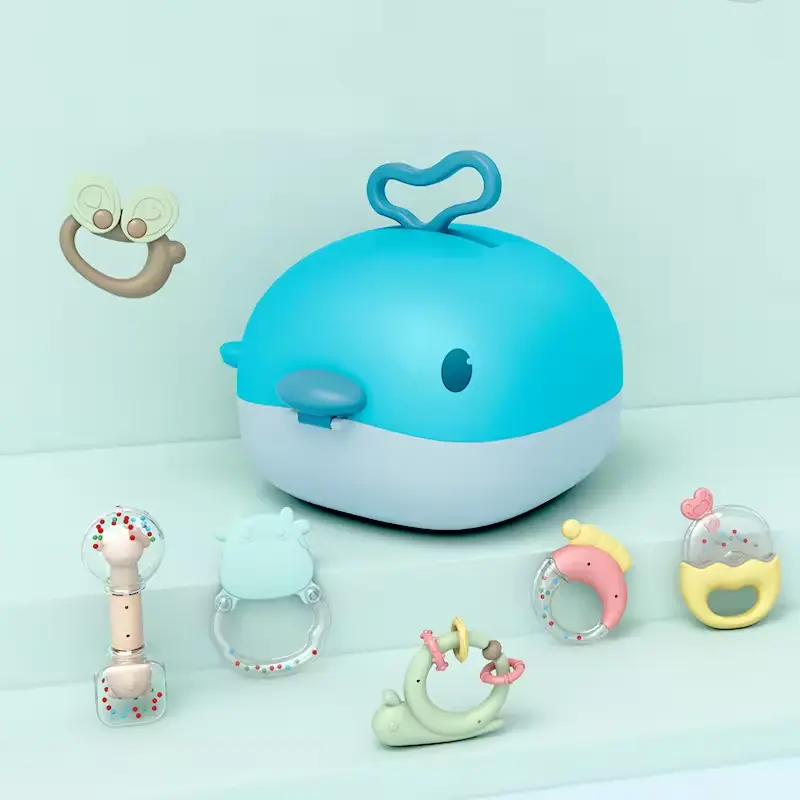 Baby Toddler Toys Smooth Soft Silicone Teether Animals Band Set Eco-friendly Boiled Hand Bell Storage Box