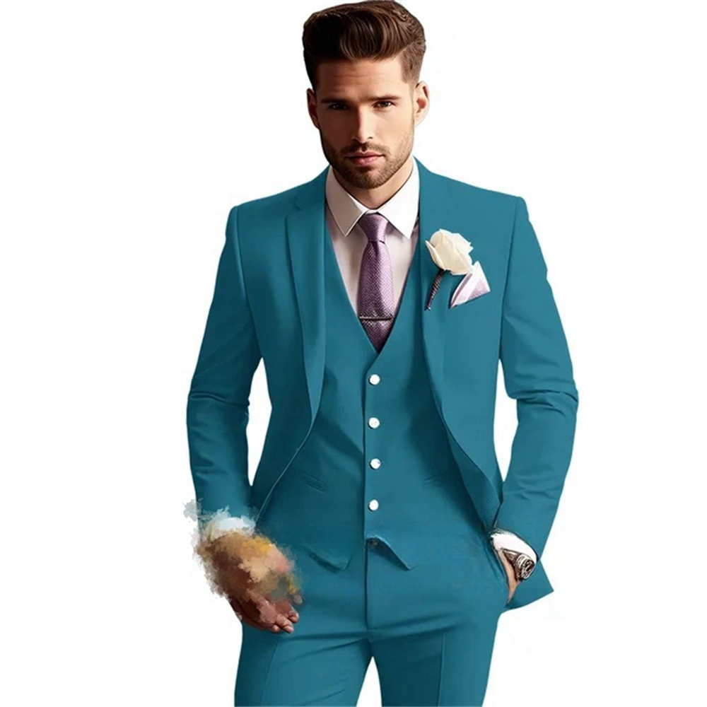 Costume Homme 3 Pièces - Blazer + Gilet + Pantalon - Ensemble Formel Coupe Régulière Couleur Unie