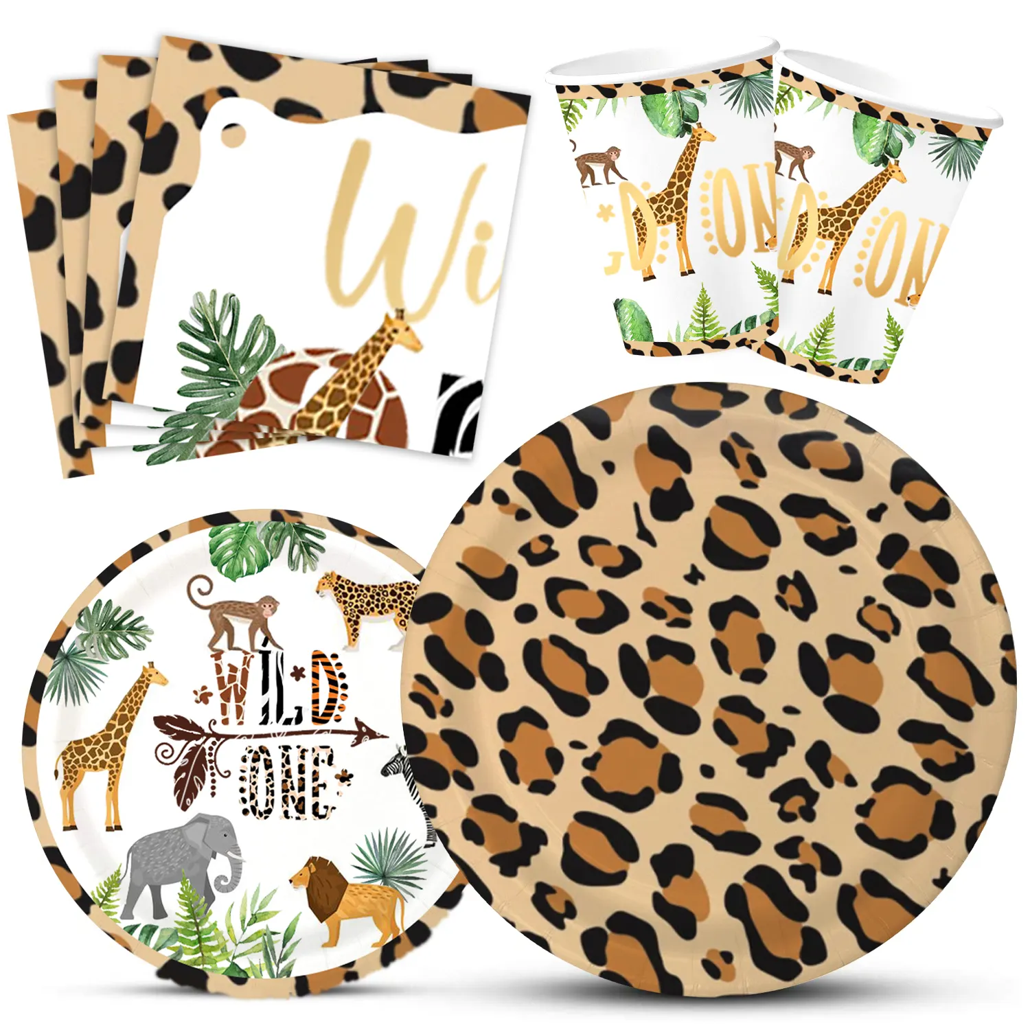 Nicro Wild One Theme Tableware Disposable Paper Plates Napkins Jungle Forest Animal Baby Shower 1st Birthday Party Supplies Set