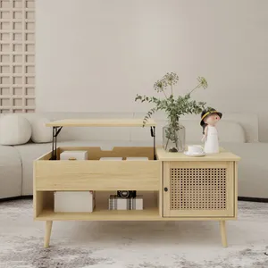 Factory Direct Mid Century Natural Wood Multifunction Lift Up Top Rattan Coffee Table With PVC Cane Door