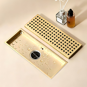 Drain de douche en or brossé 12x4 pouces avec grille et filtre à cheveux amovible en acier inoxydable 304 pour salle de bain - Product Image 1