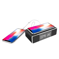 Bt Speaker Muziek Wekker Mobiele Telefoon 5W Draadloze Oplader Klok Spiegel Met Nachtlampje Digitale Thermometer Bureauklok