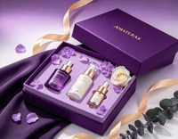 Boîte cadeau rigide mate violette personnalisée avec dorure à chaud, boîte cosmétique de luxe avec couvercle et base en satin pour emballage de produits de soin