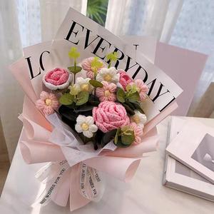 ช่อดอกไม้โครเชต์สีชมพูสูงดอกไม้ประดิษฐ์เหมือนจริงสำหรับงานเลี้ยงครบรอบวันวาเลนไทน์ฉลองวันขอบคุณพระเจ้า - Product Image 3