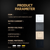 10A interrupteur d'éclairage mural 86*86mm LED indicateur blanc noir PC panneau en plastique AC 250V 1 Gang 1 voie 2 voies interrupteur à bouton-poussoir