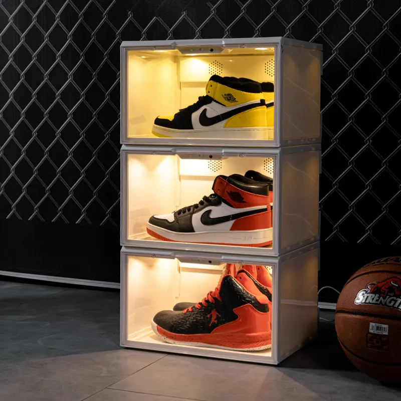 Boîte de rangement pour baskets à Led, 1 pièce, affichage créatif Transparent sur mesure, chargeur magnétique lumineux LED, avec ventouse PP boîte de rangement en plastique