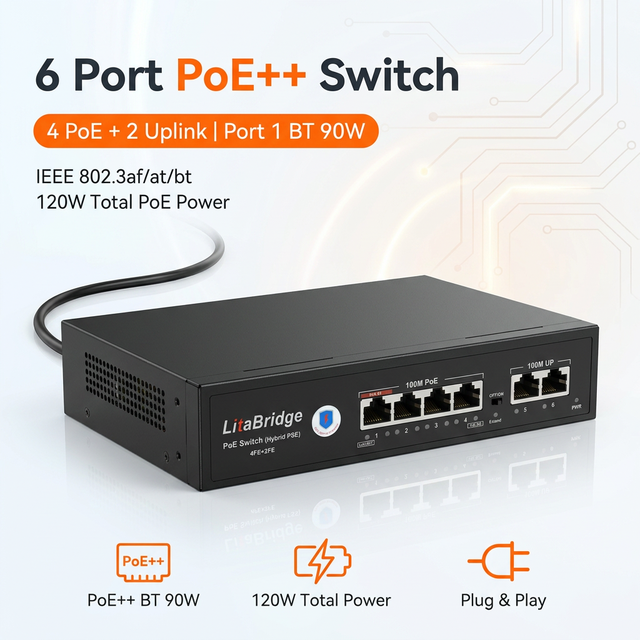 4 Port PoE Switch 10/100Mbps with 2 Uplink IEEE802.3af/at/bt 90W 250m Long Range Watchdog 6KV Lightning
