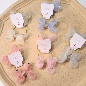 Coletero de malla estilo coreano para niños, color caramelo, con lazo, linda estrella de cinco puntas con brillantina, paquete doble de coleteros para el cabello de bebé - Product Image 1