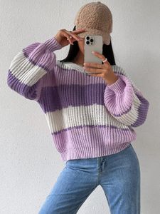 Suéter de punto extragrande con rayas degradadas estilo macaron para mujer, suéter informal holgado - Product Image 4