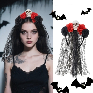 DAMAI Day of the Dead Headpieces Halloween Veil <b>Headband</b> With Horrible Skull for Women Girls Halloween Hair Hoops - Product Image 1