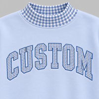 Sweat-shirt à col rond pour femme, personnalisé OEM, imprimé brodé, style preppy, bleu clair, avec bordure en gingham, manches longues, pour l'hiver