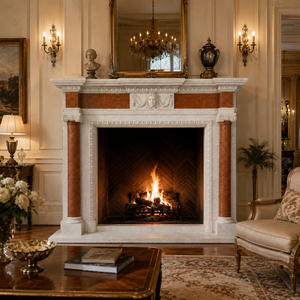 Traditional Marble <b>Fireplace</b> Mantel With Ornate Carving White & Cloudy Rosa Stone Indoor Wood Burning Hearth For Living Room - Product Image 1