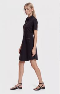 Hanruisi Classy Robe <span class=keywords><strong>chemise</strong></span> noire pour <span class=keywords><strong>femme</strong></span> Col polo Manches courtes avec détail de poche Tenue de bureau élégante et décontractée - Product Image 2