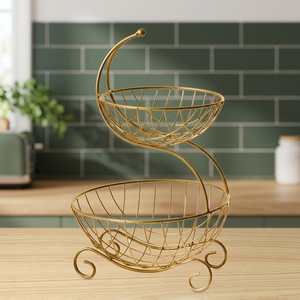 Panier de rangement moderne à double niveau en métal, design fil doré, sur pied, pour salon - Product Image 3