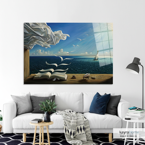 Salvador Dali '<b>Book</b> Birds' Art Deco Modern Surrealist Seascape Printed Canvas Panel Art Hanging Tempered Glass KayraHome Clear - Product Image 2