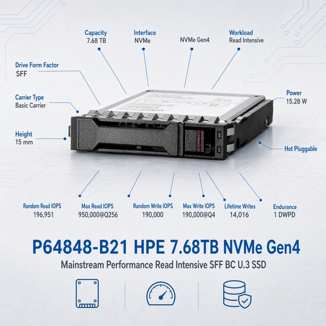 P64848-B21 Enterprise NVMe SSD 7.68TB PCIe Gen4 Read Intensive 2.5 U.3 High Storage Tested