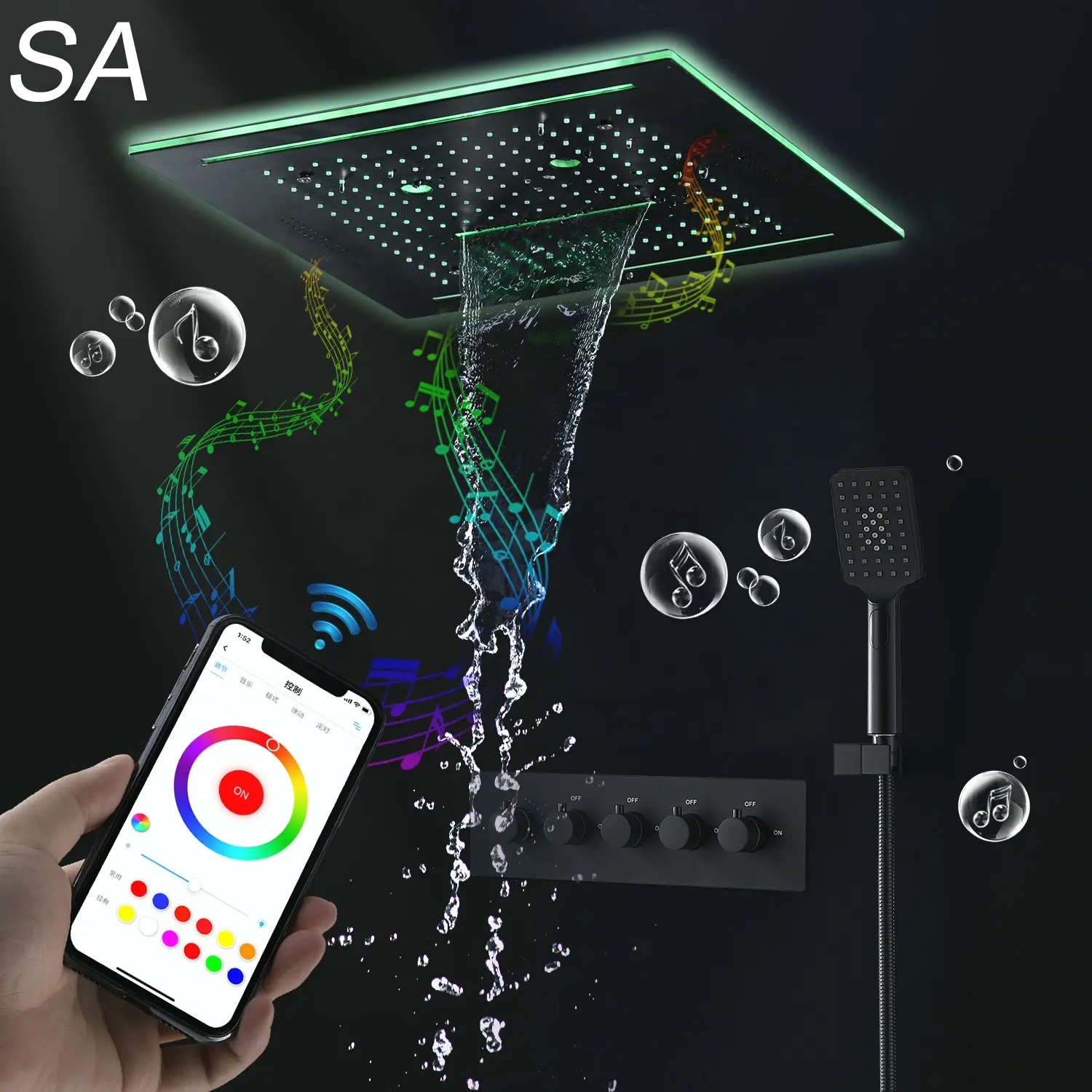 Amazon Hot Sale Factory 400*400mm Smart Rain Misty Waterfall LED Ceiling Mounted Bathroom Thermostatic Music Shower Faucet Set
