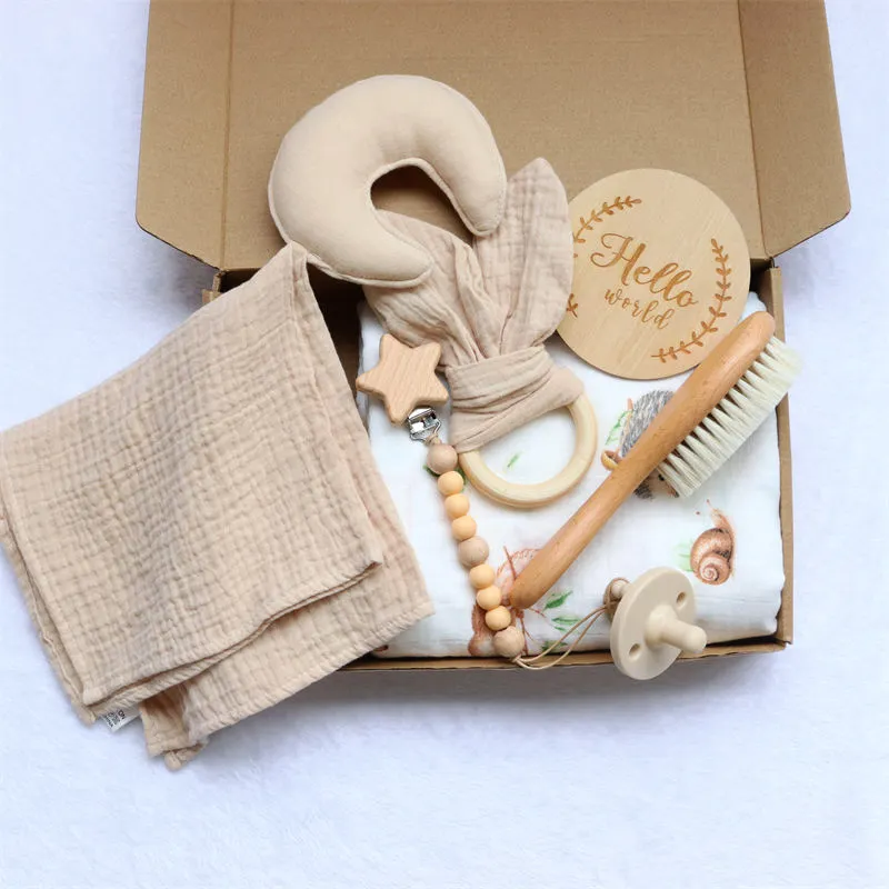 Benutzer definierte Baby Handtuch Bad Sets Geschenk boxen 6 Pcs Set Druck Bambus Wickel Decke Pinsel Dusche Baby Geschenk box Set Neugeborene