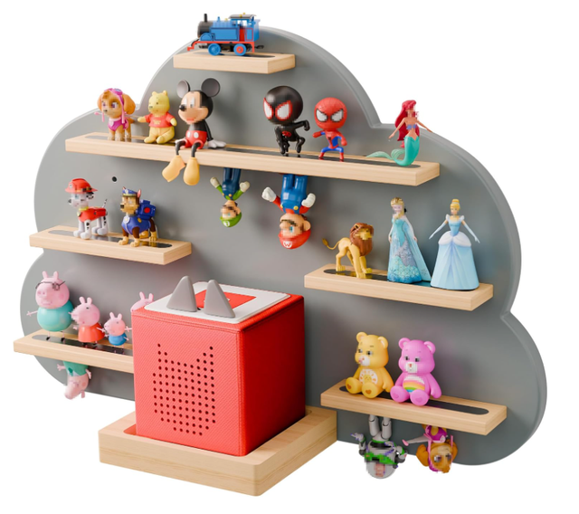 Cloud Tonie Shelf for Toniebox Storage Unique Floating Magnetic Wall Shelf ForTonie Figures, Grey Beech Wood Display Tonie Shelf