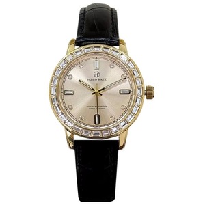 Montre à quartz étanche pour femme avec lunette en cristal de luxe, cadran champagne, boîtier doré, bracelet en cuir noir, montre élégante pour robe - Product Image 1
