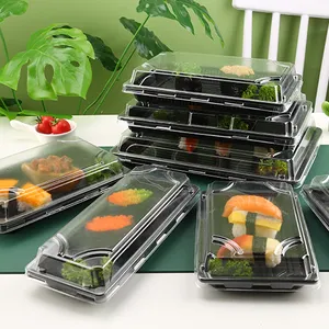 Bandeja plástica retangular para sushi, caixa de plástico descartável, bandeja de sushi japonesa preta com tampa transparente