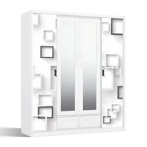 Armoire de chambre à coucher en acier imprimé avec miroir, 4 portes coulissantes et grande capacité - Product Image 2