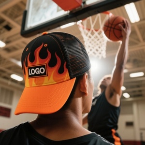Casquette Trucker Sportive OEM 5/6 Panneaux avec Broderie Motif Flamme, Logo Personnalisé, Tissu Commun, Chapeaux en Maille, 112 Casquettes Trucker - Product Image 1