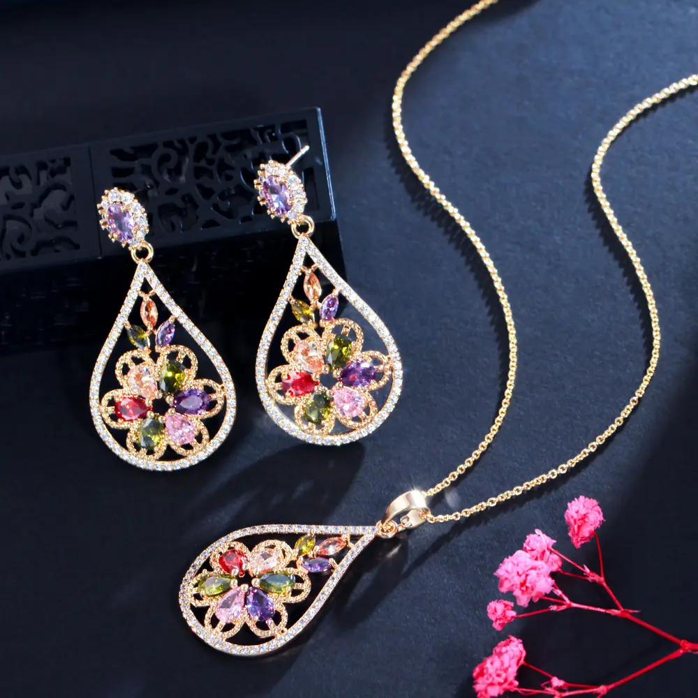Water Drop Indian Yellow Gold Plated Vintage Flower Jewelry Sets Multicolor Cubic Zirconia Earrings and Necklace Set for Women