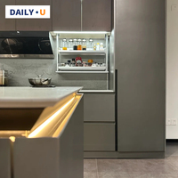 Meuble de cuisine préfabriqué en bois grainé noir mat résistant à l'eau et écologique, avec finition marbre blanc