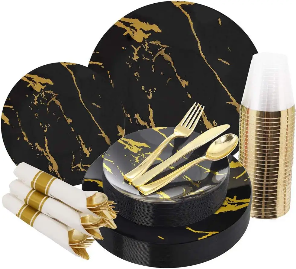 Assiette de fête en plastique doré jetable de qualité supérieure ensemble d'assiettes et de couverts en plastique pour mariage