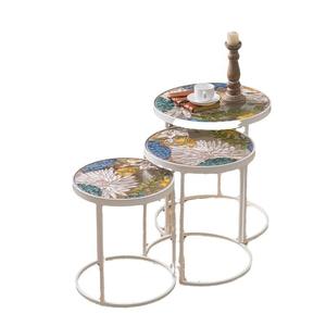 The Seventh Day Nesting <b>Side</b> <b>Table</b> <b>Set</b> Tempered Glass Top Hand Painted Floral Design For Living Room Coffee <b>Table</b> - Product Image 5